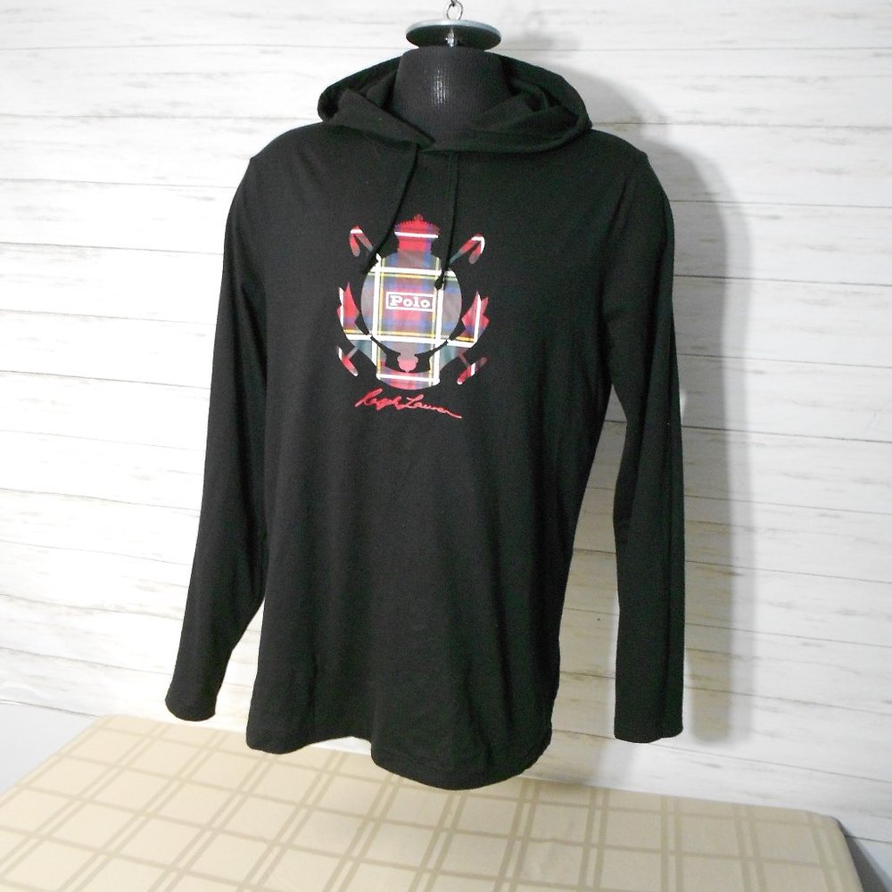 WOW! POLO RALPH LAUREN Size LARGE Men Black PLAID BIG LOGO Hoodie Shirt
